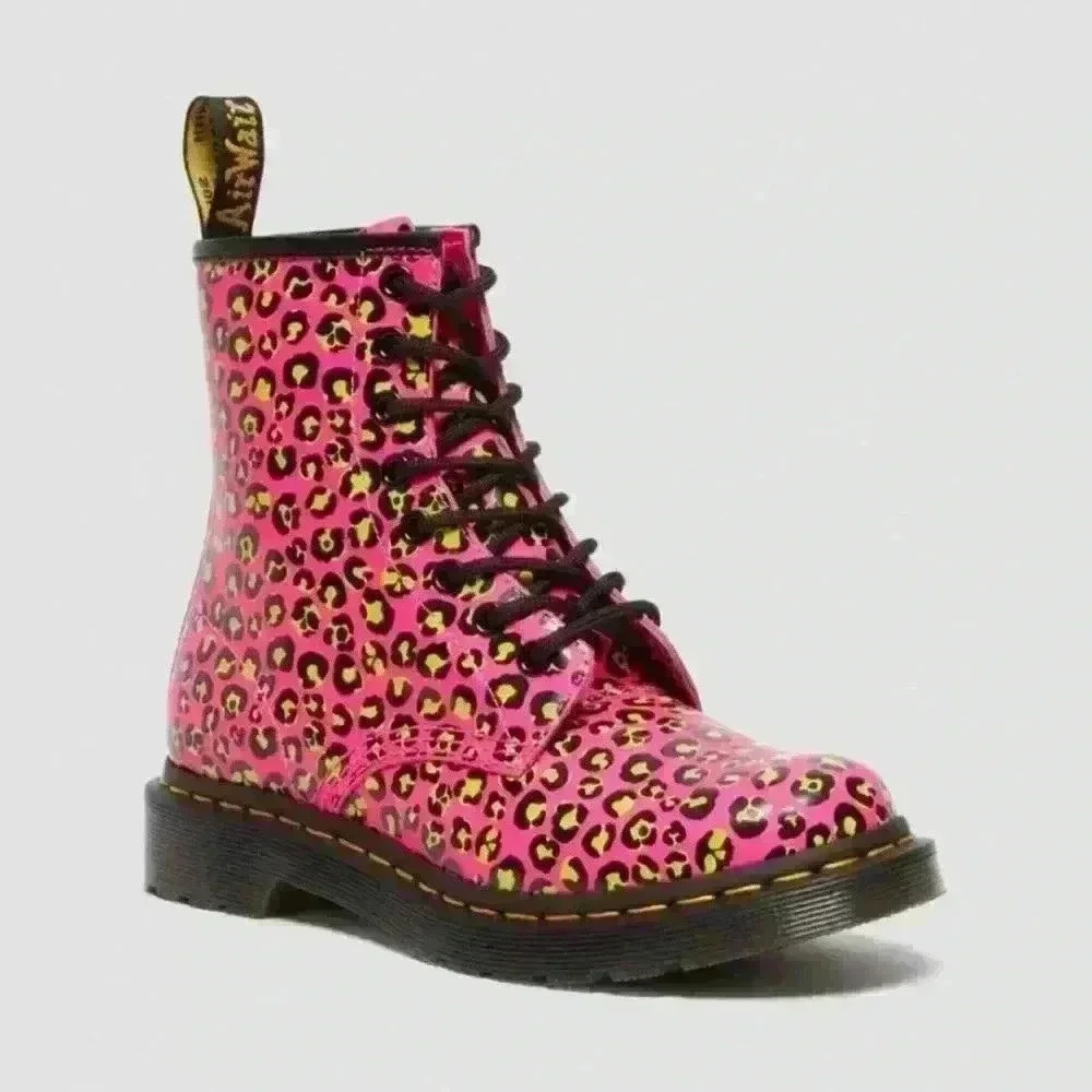 DR MARTENS 1460 Loud Leopard Smooth Leather Lace-Up Boot in Clash Pink  7US 5UK - Picture 2 of 5